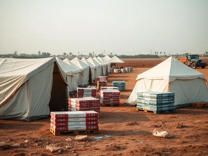 Relief tents and supply pallets set up in an open field