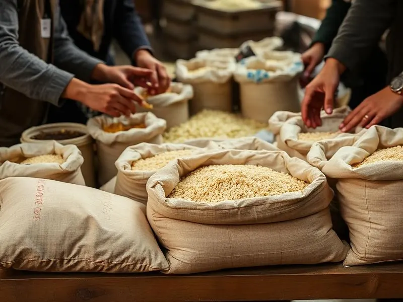 Volunteers sorting sacks of grain and staple food rations