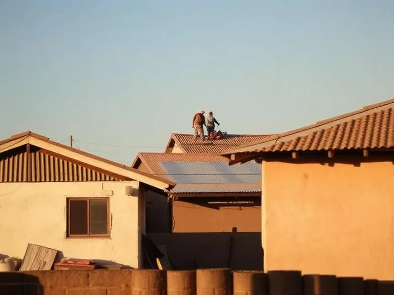 Workers repairing the roof of a modest home