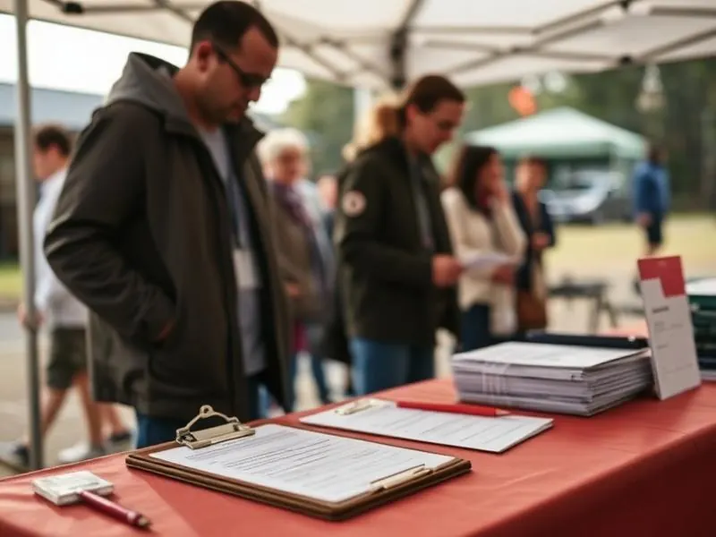 A volunteer completing registration paperwork with a family at a community outreach tent