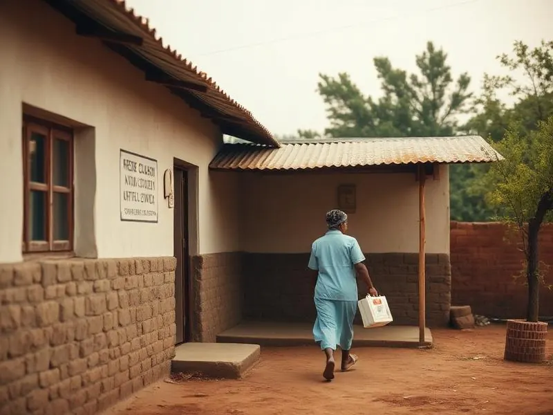 A health worker carrying a medical kit outside a rural clinic