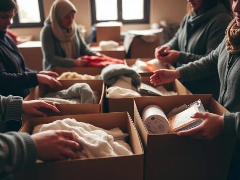 Volunteers packing welfare kits with blankets and hygiene items