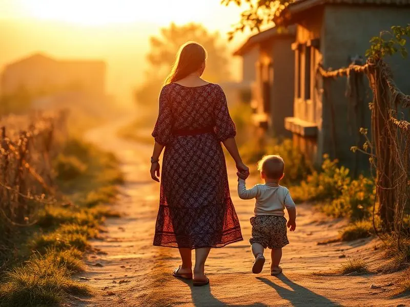 A mother walking home along a dirt path with her young child