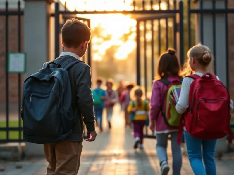 Children walking through the school gates with backpacks